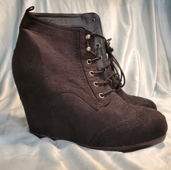 Black Suede Lace-Up Wedge Booties - Picture 2 of 4